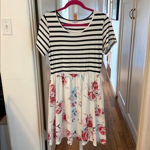 Uxely black and white striped Dress with floral skirt, medium